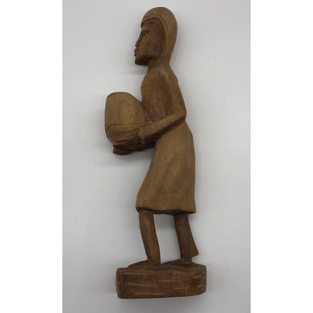Vintage Folk Art Tribal Figurine Sculpture Holding Bask