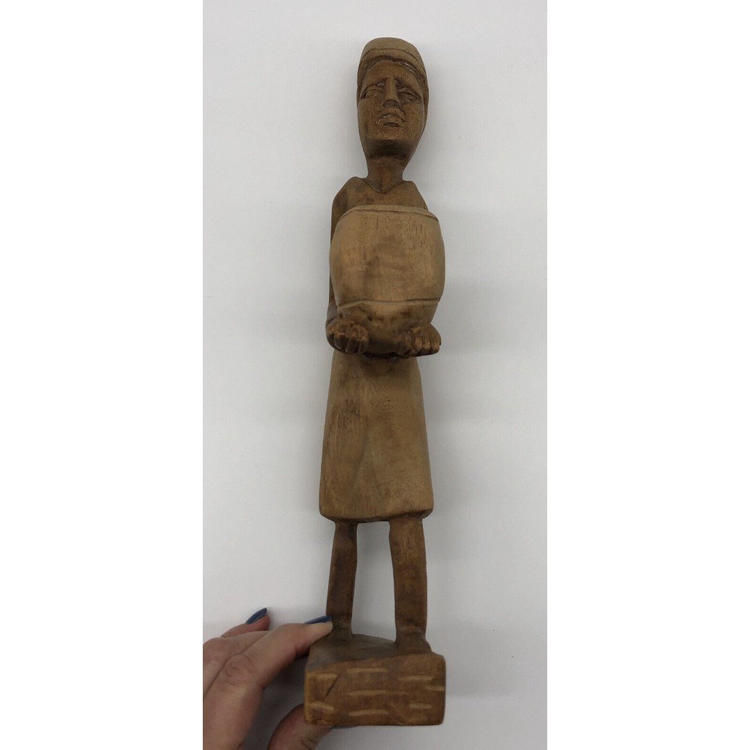 Vintage Folk Art Tribal Figurine Sculpture Holding Basket/Bowl Hand Carved 13” fsZCJA7R2