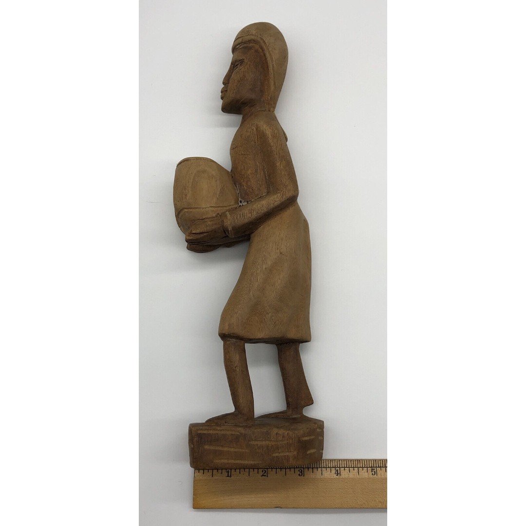 Vintage Folk Art Tribal Figurine Sculpture Holding Basket/Bowl Hand Carved 13” fsZCJA7R2