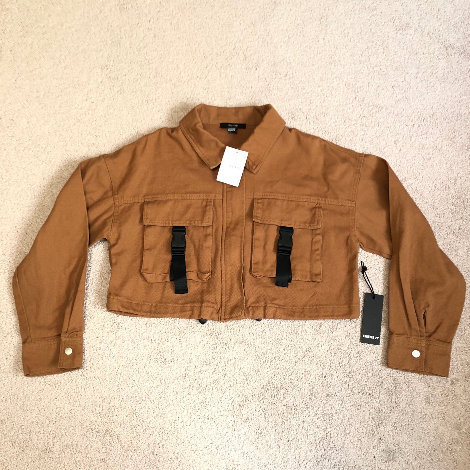 Forever 21 NWT Cropped Zip Up Drawstring Brown Jacket S