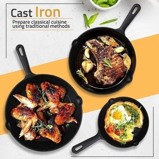 NEW Set of 3 Kitchen Pre-Seasoned Cast Iron Skillets (Nonstick Pan / 6