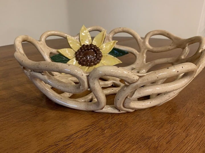 Art Pottery Sunflower Clay Basket Bowl 12