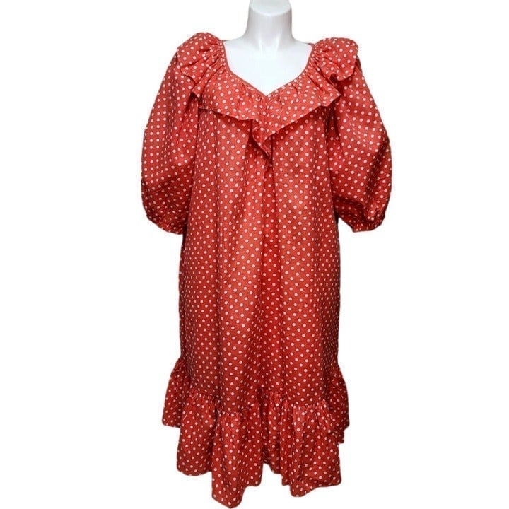 Vintage David Brown Womens L Coral White Polka Dot Ruffle Midi MuuMuu Dress 60TW6K7cR
