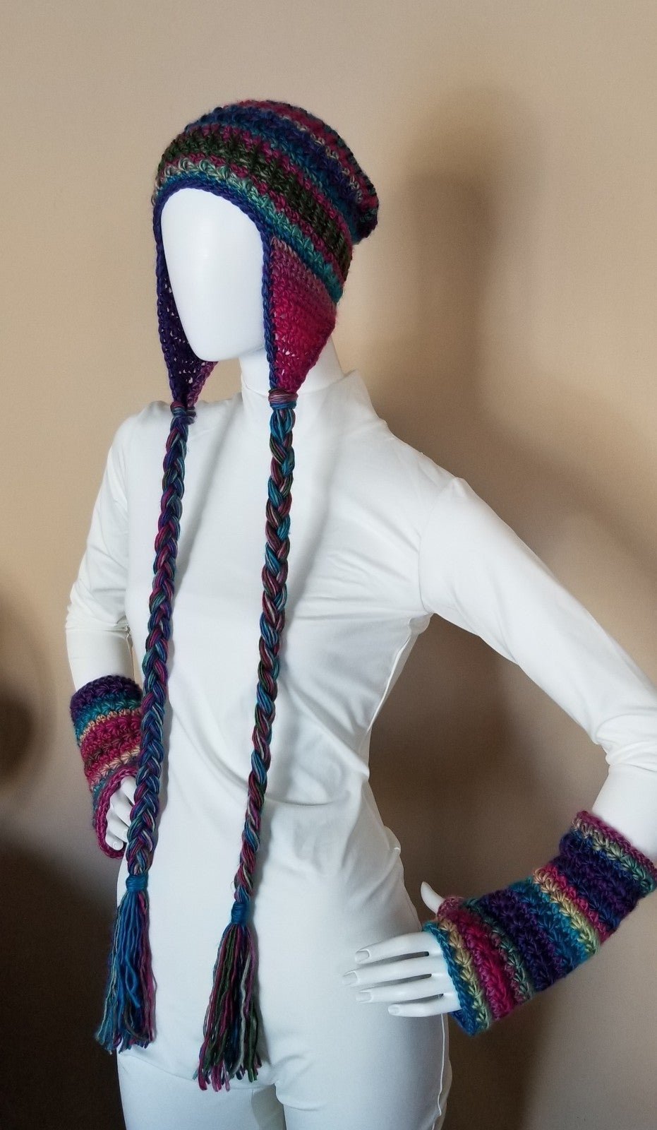 Crocheted Beanie/Hat with Braids & matching Wrist Warme