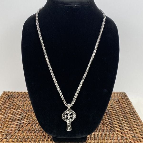 Mens Stainless Steel 24” Box Chain Necklace Celtic Cros