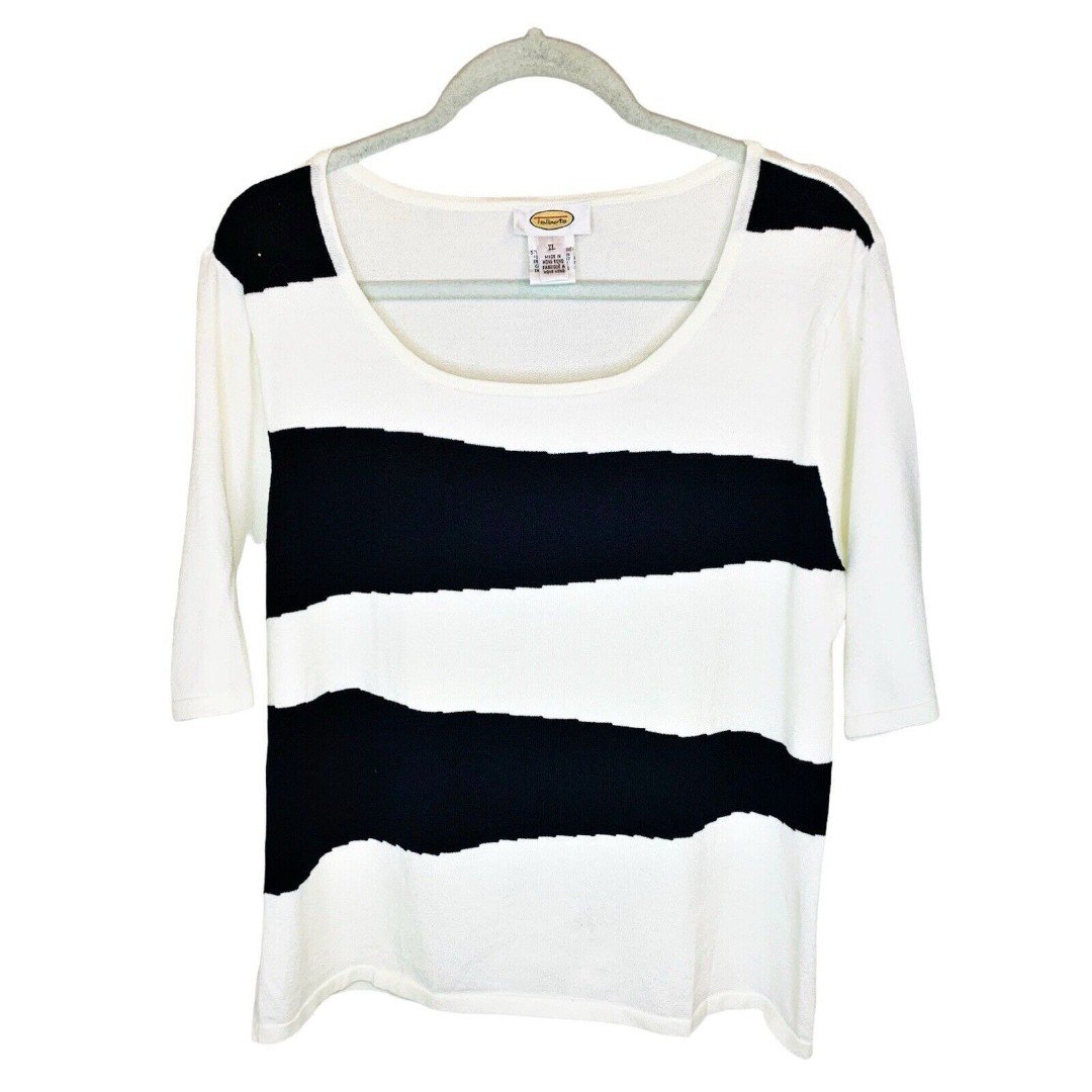 Talbots Black White Wide Stripe Colorblock Knit Top Short Sleeve Sweater Size XL dSE0jKo4M