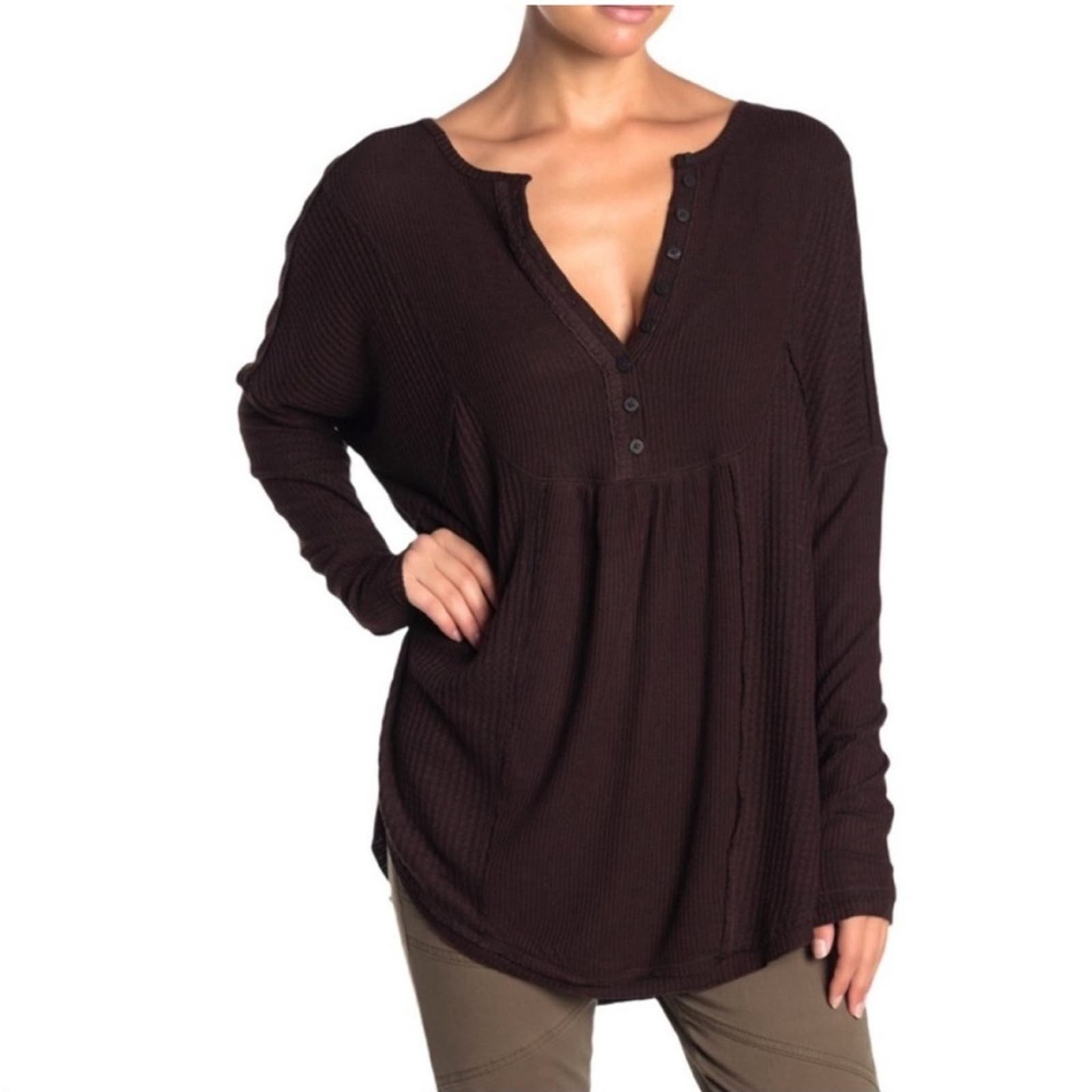 Free People Brown Oversized Henley Ribbed Waffle Knit M