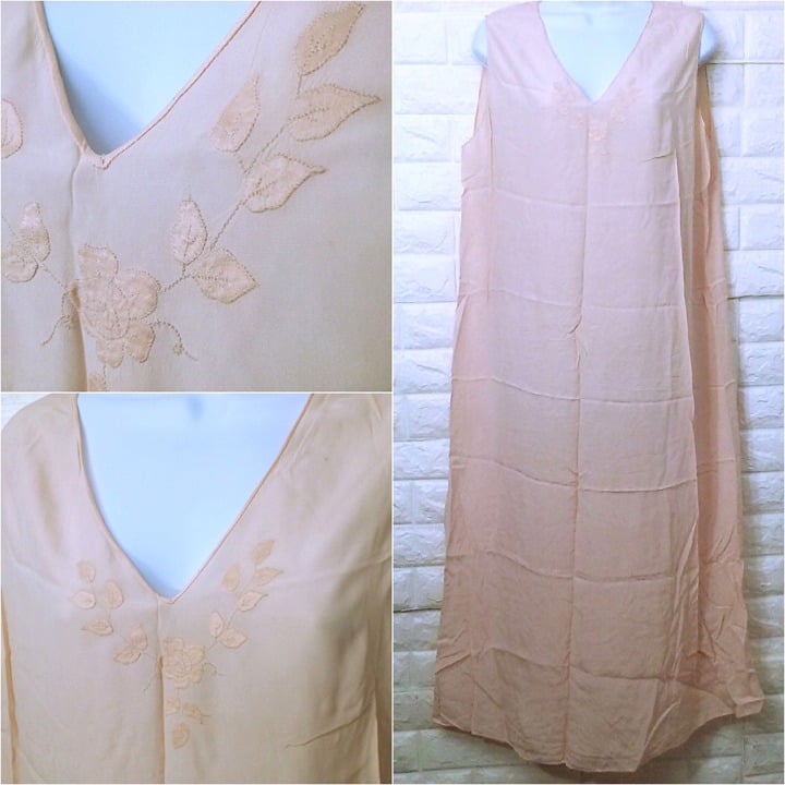 Antique 1920s Silk Chemise Nightdress L(14) Undergarment Full-Slip Dress Floral dFLrvf9qb