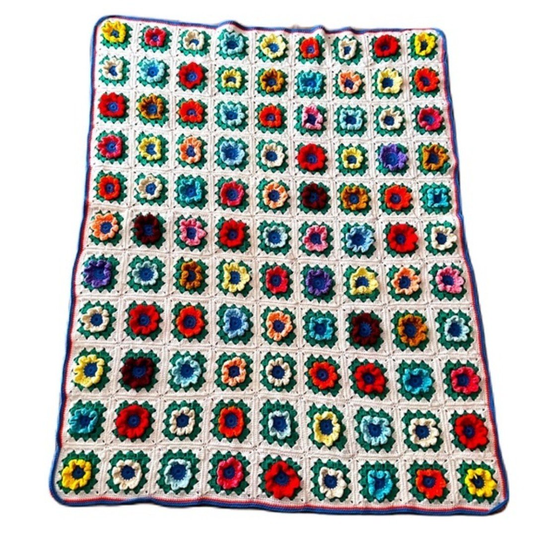 Vintage Multicolor White Crochet 3D Flower Granny Square Handmade Blanket 2TN5UF7DW