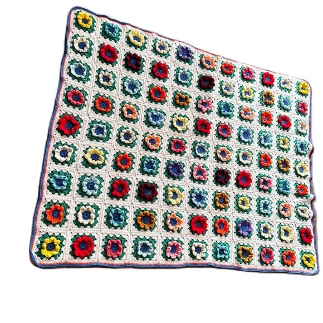 Vintage Multicolor White Crochet 3D Flower Granny Square Handmade Blanket 2TN5UF7DW