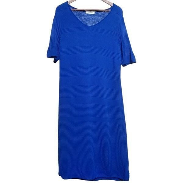 Stizzoli Womens Italian Blue Maxi Dress Size L Short Sleeve V-Neck Lagenlook G2GzFHbSg