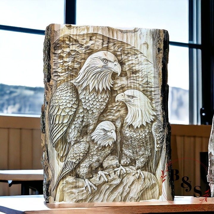 American Bald Eagle Family Engraved on Live Edge Wood 4