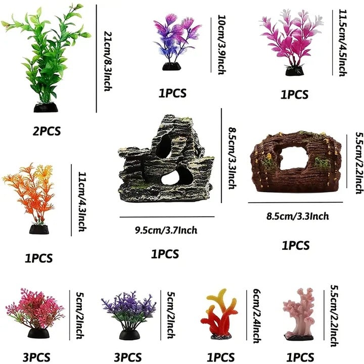 15pcs Fish Tank Decorations Plants With Resin Broken Barrel And Cave Rock View , AaJzUlJEd