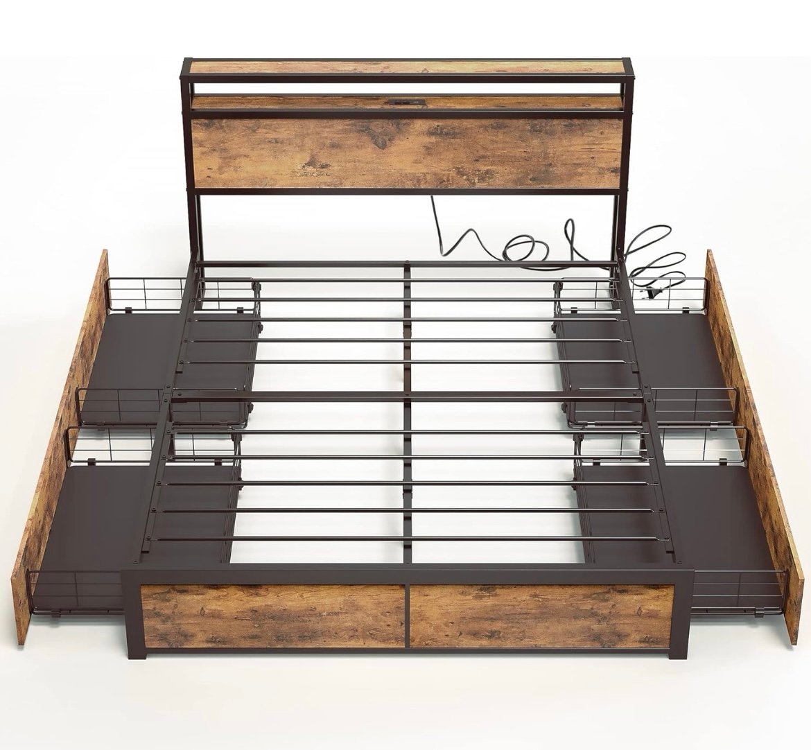 Full Size Bed Frame with Storage, 2-Tier Storage Headboard with Charging Station D498QTHUx