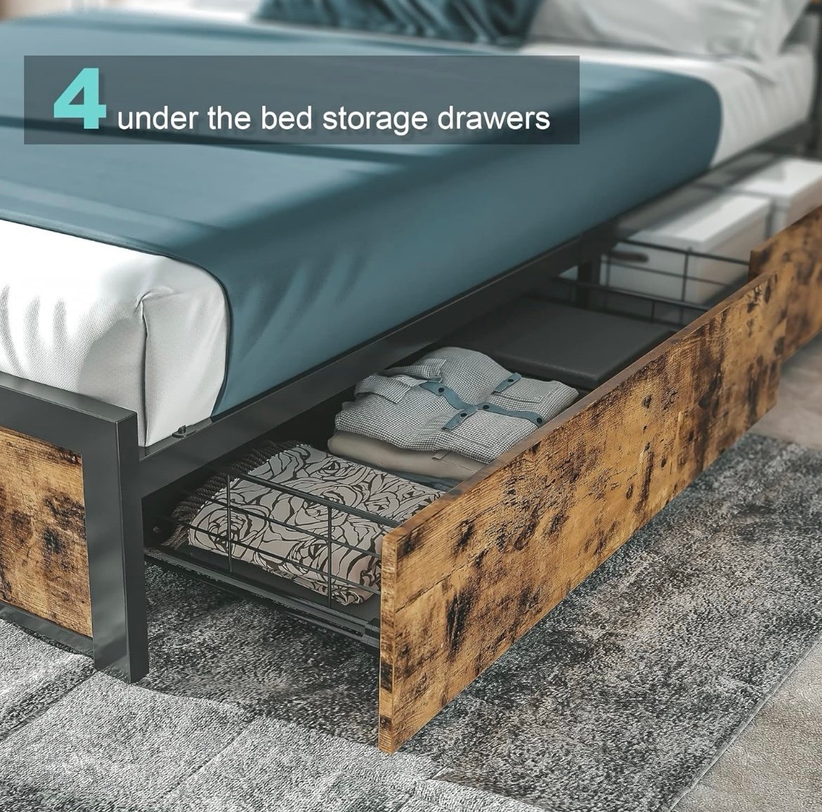 Full Size Bed Frame with Storage, 2-Tier Storage Headboard with Charging Station D498QTHUx