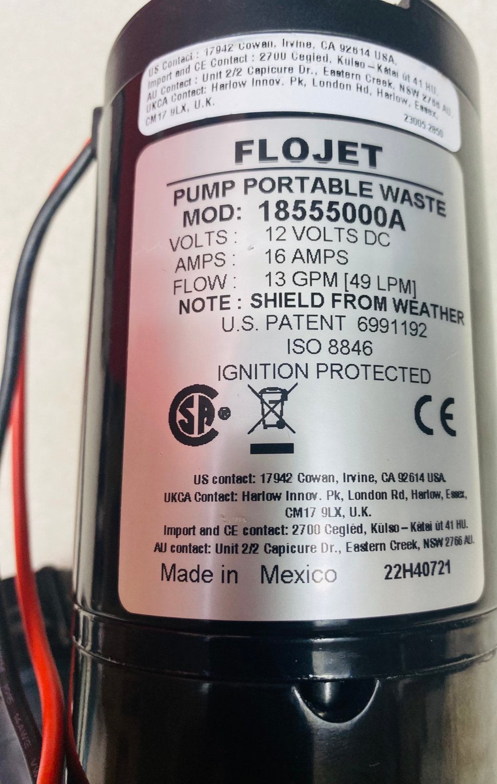 Flojet 18555000A Portable RV Waste Water Pump 12V DC 18