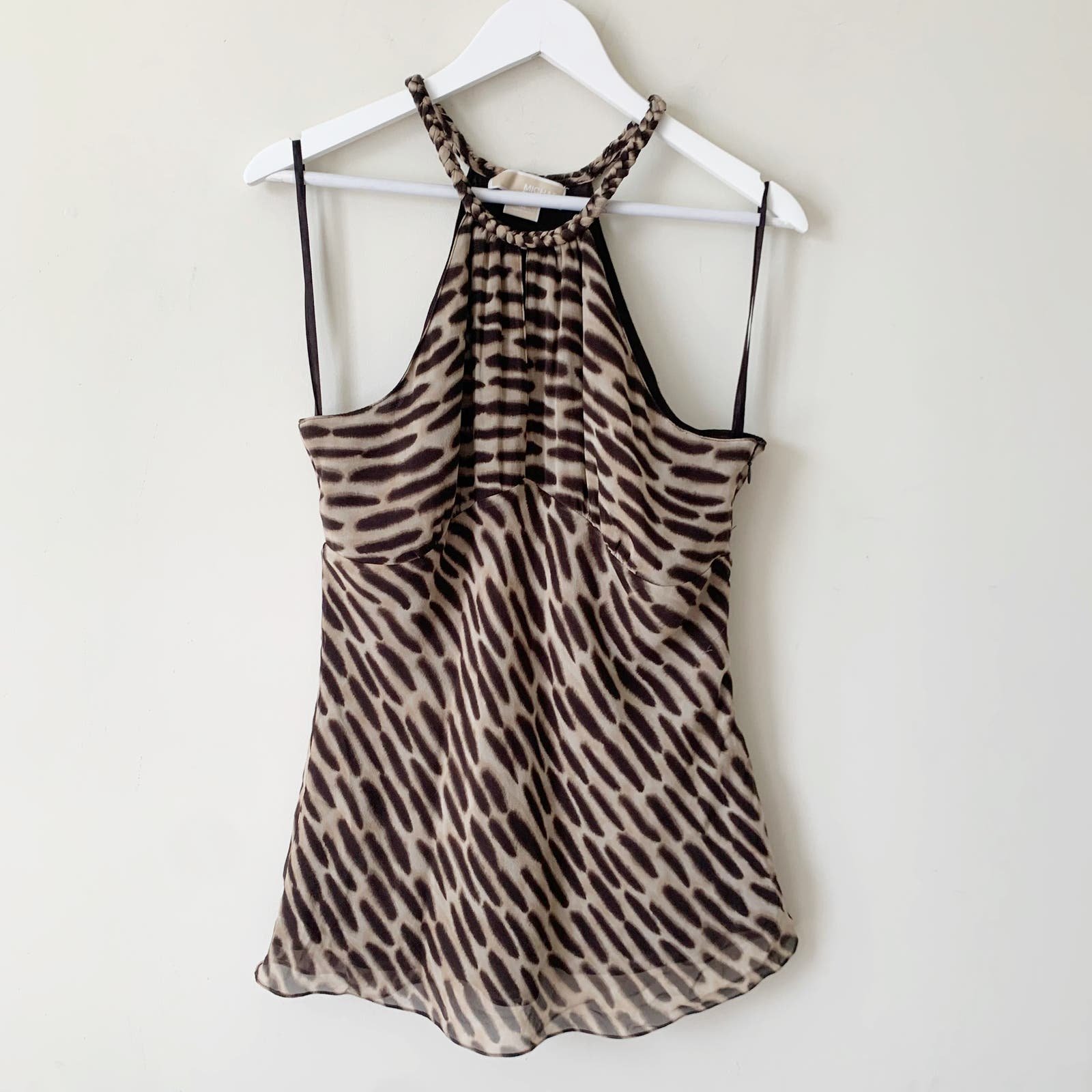 MICHAEL Michael Kors 100% Silk Blouse Brown Size 12 Halter Tank Braided Fitted CR5E0emA5